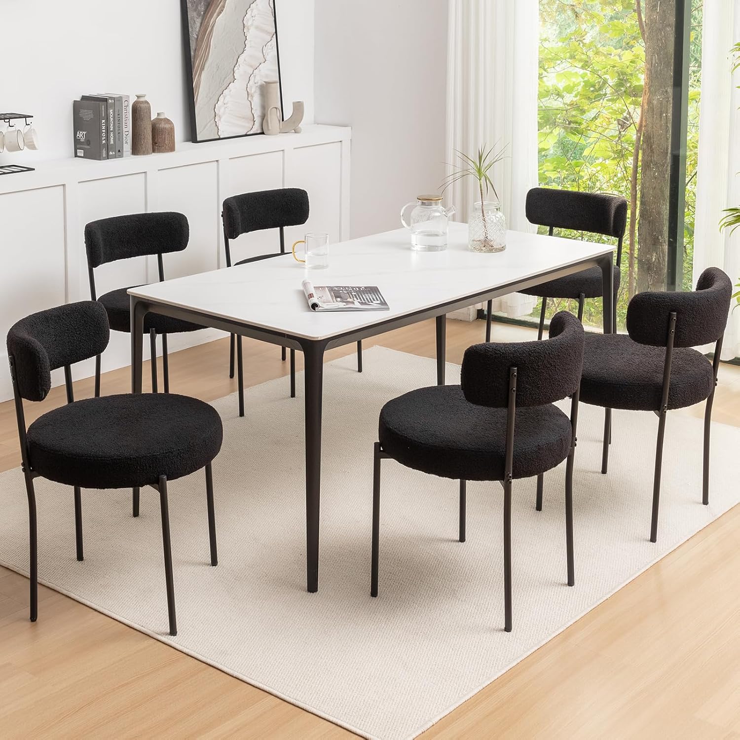 Boucle Dining Chairs Set of 6, Mid Century Modern Dining Room Chairs with Metal Legs, Upholstered Kitchen Chairs for Dining Room, Kitchen (Black)