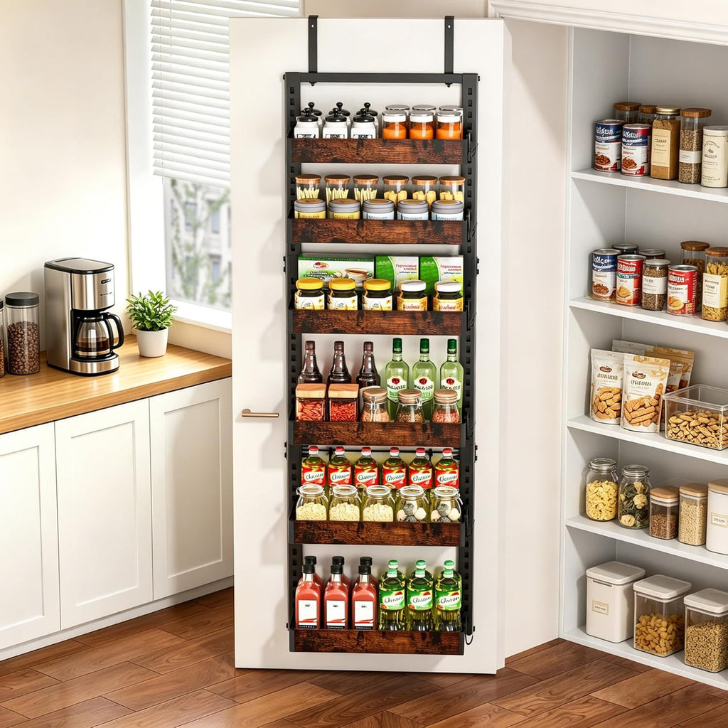 BUKFEN 6-Tier Over the Door Pantry Organizer, 2-in-1 Door Hanging or Wall Mounted Spice Rack with Adjustable Wooden Baskets, Heavy Duty Metal Storage Shelf, 12 Hooks for Kitchen, Bathroom, Closet
