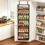 BUKFEN 6-Tier Over the Door Pantry Organizer, 2-in-1 Door Hanging or Wall Mounted Spice Rack with Adjustable Wooden Baskets, Heavy Duty Metal Storage Shelf, 12 Hooks for Kitchen, Bathroom, Closet