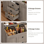 HIFIT 71.4” H Farmhouse Pantry Cabinet with 3 Bread Boxes and 7 Metal Hooks, 47.2” Wide Kitchen Hutch Cabinet with Storage and Glass Doors, Ash Grey