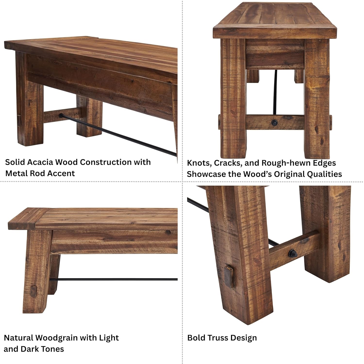 Durango Rustic Farmhouse Style 60-Inch Wood Bench - Industrial Modern Accent Furniture with Solid Wood Seat for Entryway, Dining Room, Hallway, Foyer, or Kitchen by Alaterre Furniture