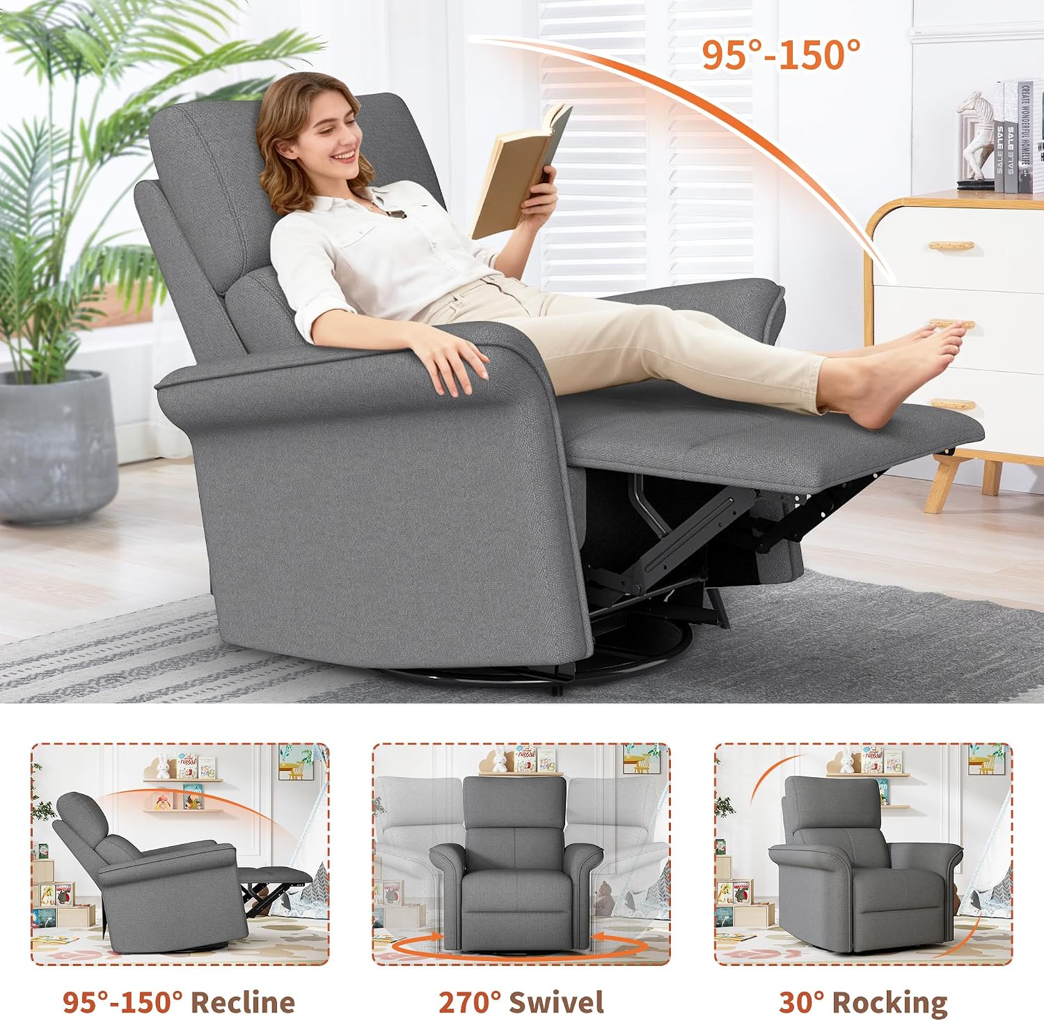 Rocker Chair, Nursery, Dark Gray Fabric Chair, 270 Degree Glider Rocking Chair with 150 Degree Recline, Wide Arms for Living Room Bedroom