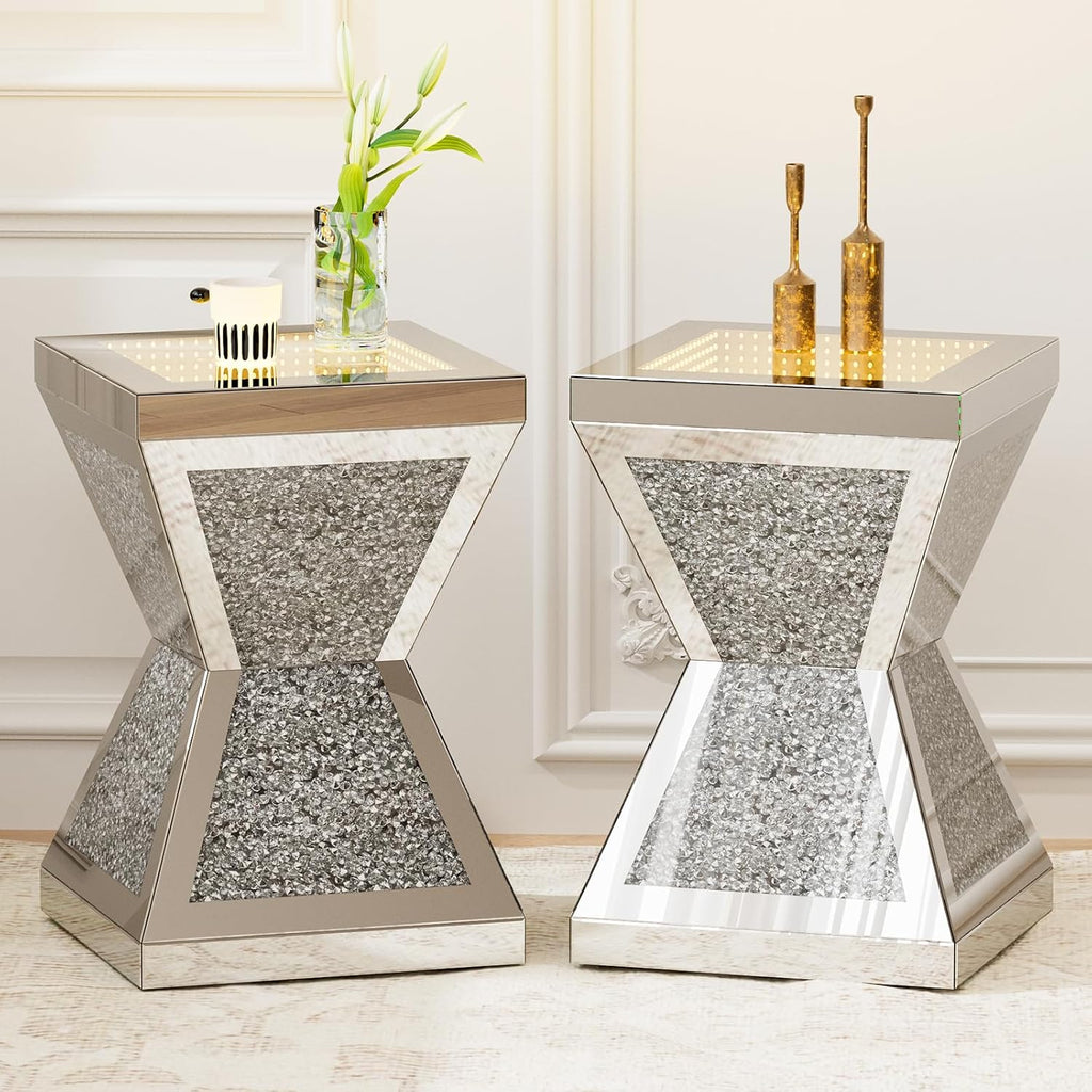 IKIFLY Mirrored Nightstand Set of 2, LED End Table with Irregular Base, Silver Accent Beside Table with Crushed Diamond for Living Room, Bedroom and Office (Remote Control Included)