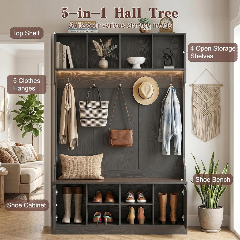 Hall Tree with Bench and Shoe Storage, 5-in-1 Entryway Coat Rack with LED Sensor Light, Hooks and Storage Cubes, Shoe Cabinet with Fluted Door, Modern Hall Tree for Entryway, Living Room