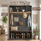 Hall Tree with Bench and Shoe Storage, 5-in-1 Entryway Coat Rack with LED Sensor Light, Hooks and Storage Cubes, Shoe Cabinet with Fluted Door, Modern Hall Tree for Entryway, Living Room