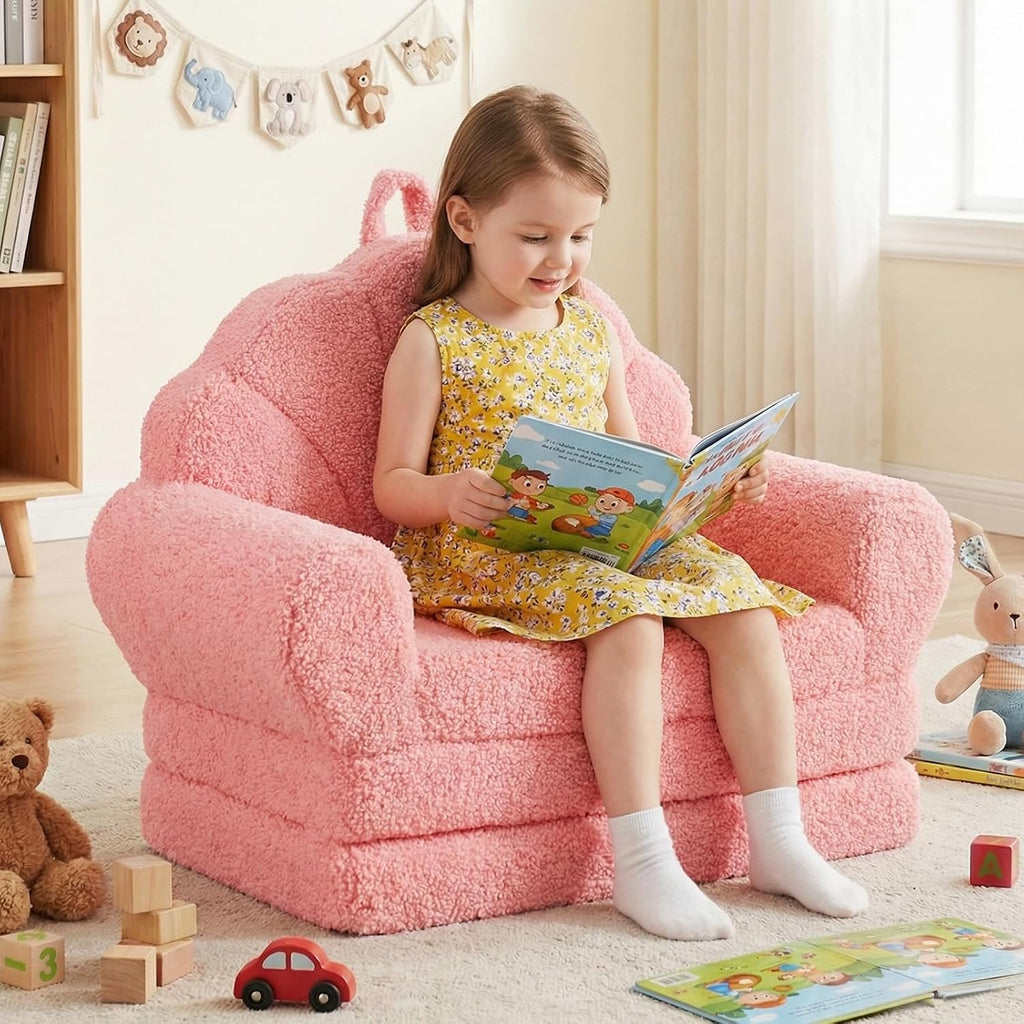 Costzon Convertible Kids Couch, 2-in-1 Soft Fold Out Toddler Couch Chair with Fabric Cover for Boys Girls, Toddler Chair Comfy, Kids Furniture for Playroom, Gift for Birthday, Christmas (Shell,Pink)