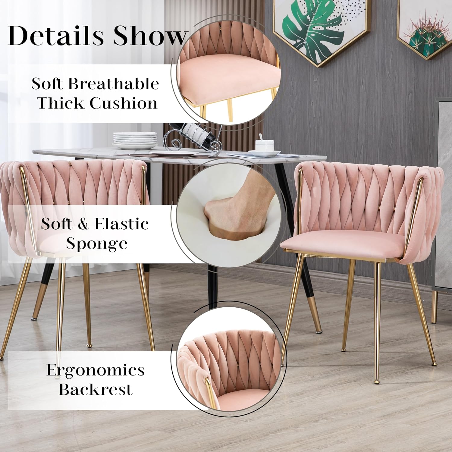 Gold Glass Round Dining Set for 2, 36'' Modern Minimalist Luxury Circle Dinner Room Set, 3 Piece Clear Glass Circular Kitchen Table with Pink Woven Chair Set, for Small Apartment Home