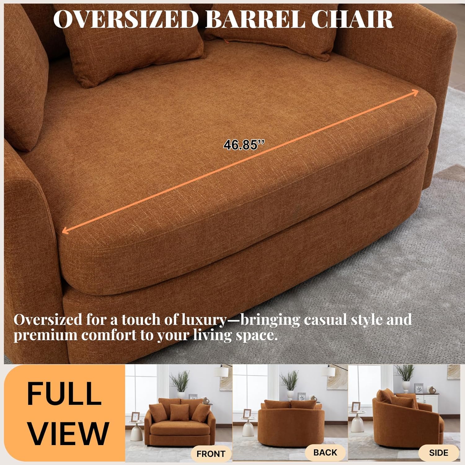 56.3''W Oversized Barrel Chair, Upholstered Accent Chenille Comfy Couch Sofa with 5 Pillows for Apartment, Studio, Bedroom, Living Room, Orange.