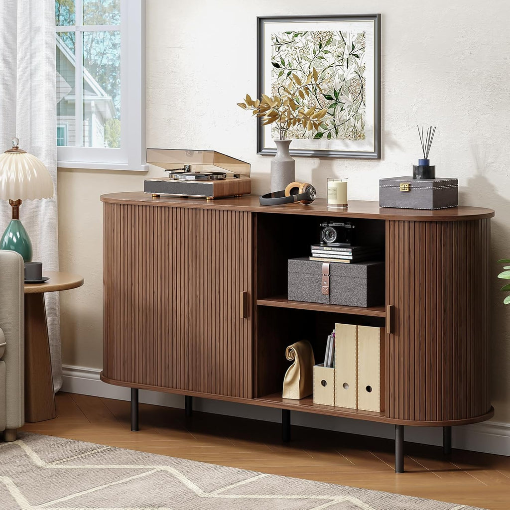 Buffet Cabinet with Storage, 55" Fluted Sideboard Buffet with Sliding Door, Coffee Bar Cabinet with Adjustable Shelf, Console Table, Accent Table for Entryway, Kitchen, Dining Room, Walnut