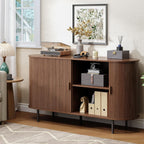 Buffet Cabinet with Storage, 55" Fluted Sideboard Buffet with Sliding Door, Coffee Bar Cabinet with Adjustable Shelf, Console Table, Accent Table for Entryway, Kitchen, Dining Room, Walnut