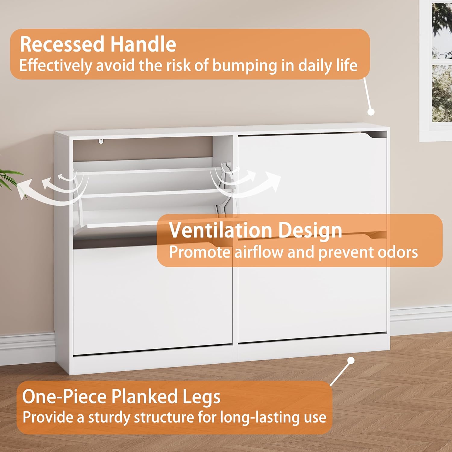 Shoe Storage Cabinet, Wood Shoe Organizer for Entryway with 3 Flip Drawers, Freestanding Shoe Rack with Adjustable Shelf, Narrow Shoe Dresser for Front Door Entrance (White, 4 Drawers)