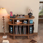 LUVIOHOME Large Round Record Player Stand with Charging Station & USB Ports，Record Storage Cabinet, Mid Century Modern Turntable Stand for Bedroom Living Room (Small Brown)