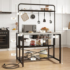 Jocoevol 46'' Kitchen Island with Storage, Bakers Rack with Storage & 3-Tier Shelves, Microwave Stand Coffee Bar Table with Hooks, Industrial Kitchen Island Table for Dining Living Room, Grey