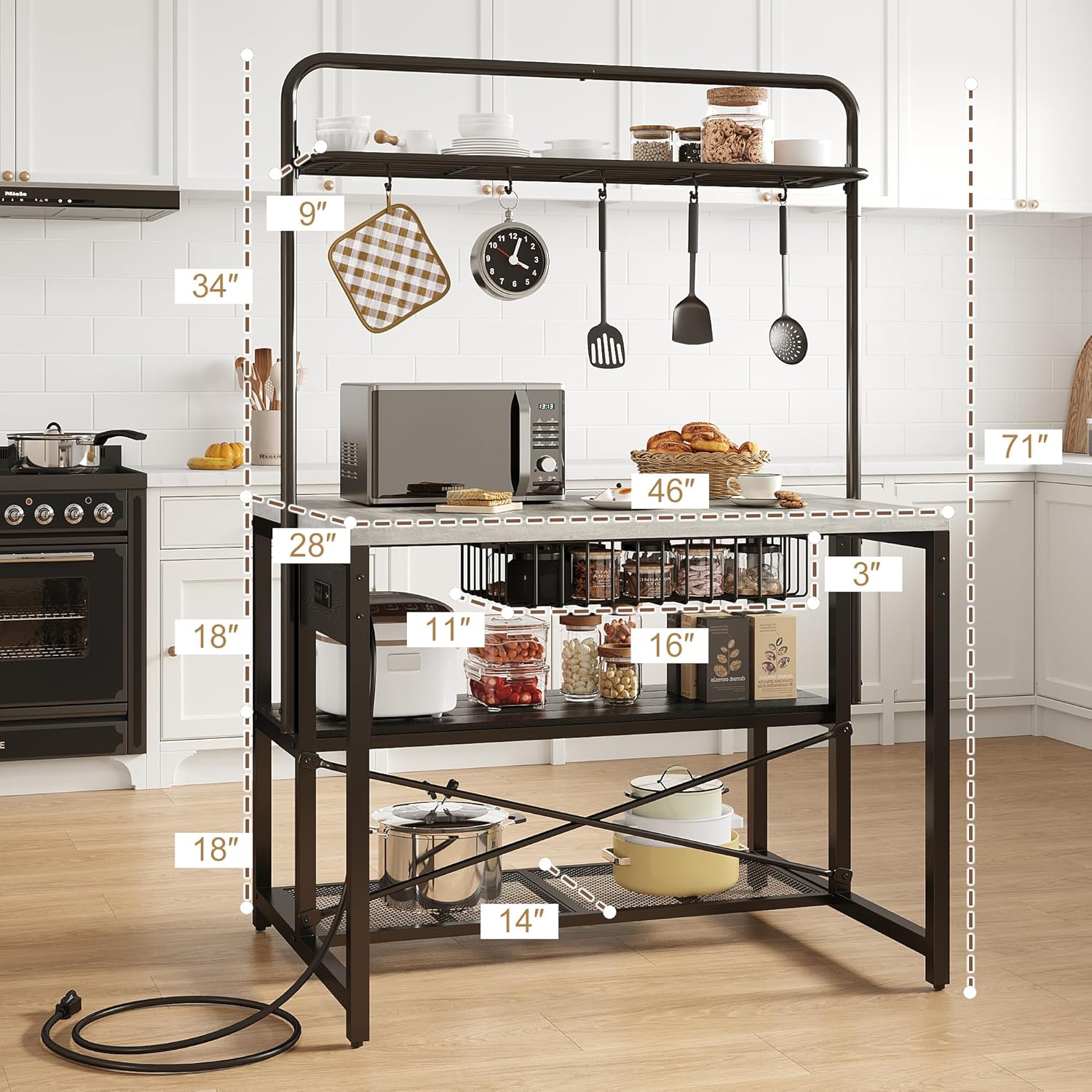 Jocoevol 46'' Kitchen Island with Storage, Bakers Rack with Storage & 3-Tier Shelves, Microwave Stand Coffee Bar Table with Hooks, Industrial Kitchen Island Table for Dining Living Room, Grey