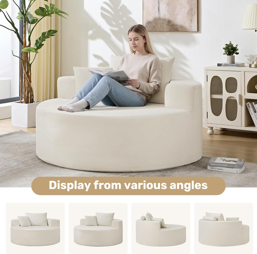 55in Round Chaise Longue Chair Indoor Modern Oversize Upholstered Deep Seat Circle Single Cloud Lounge Floor Sofa Bed with Pillow for Living Room Bedroom Apartment (Beige)