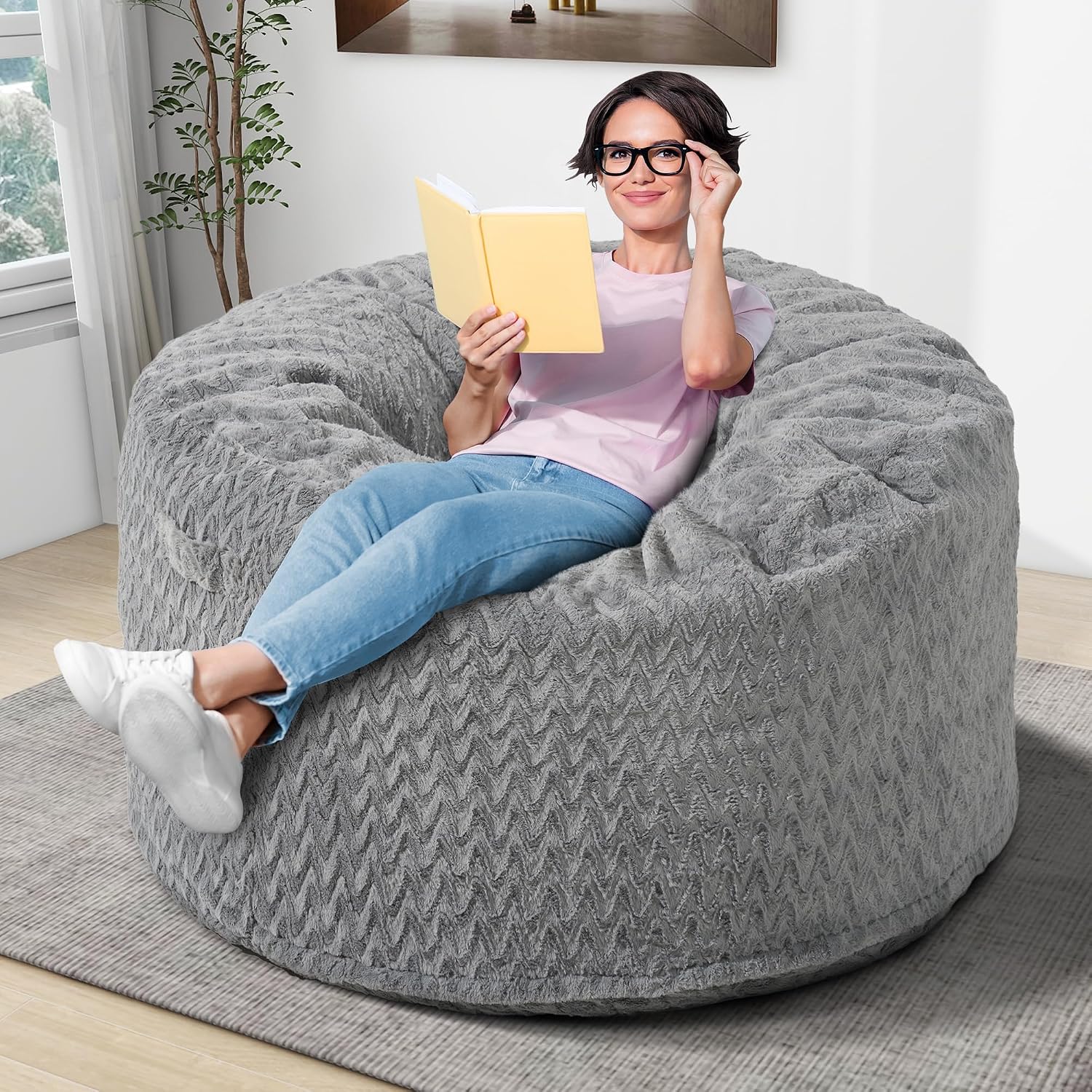 Homguava Bean Bag Chair: 4' Bean Bags with Memory Foam Filled, Large Beanbag Chairs Soft Sofa with Dutch Chevron Plush Cover 4FT(44"×44"×26"),Grey