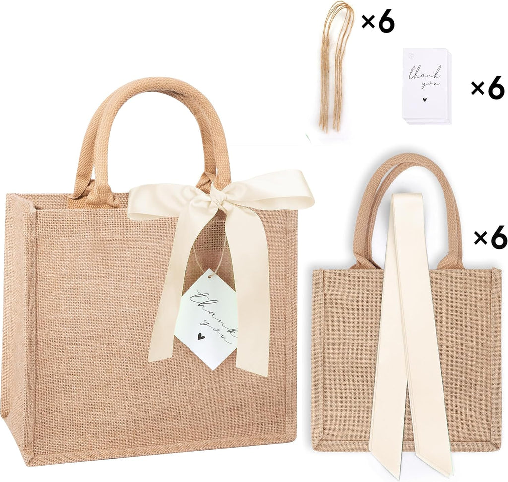 6 Pack Burlap Tote Bags with Handles Reusable Medium Jute Gift Bags with Light Beige Silk Ribbons Waterproof Lining for Wedding Bridesmaid Mother's Day Bachelorette Beach Party