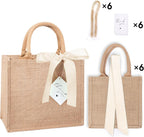 6 Pack Burlap Tote Bags with Handles Reusable Medium Jute Gift Bags with Light Beige Silk Ribbons Waterproof Lining for Wedding Bridesmaid Mother's Day Bachelorette Beach Party