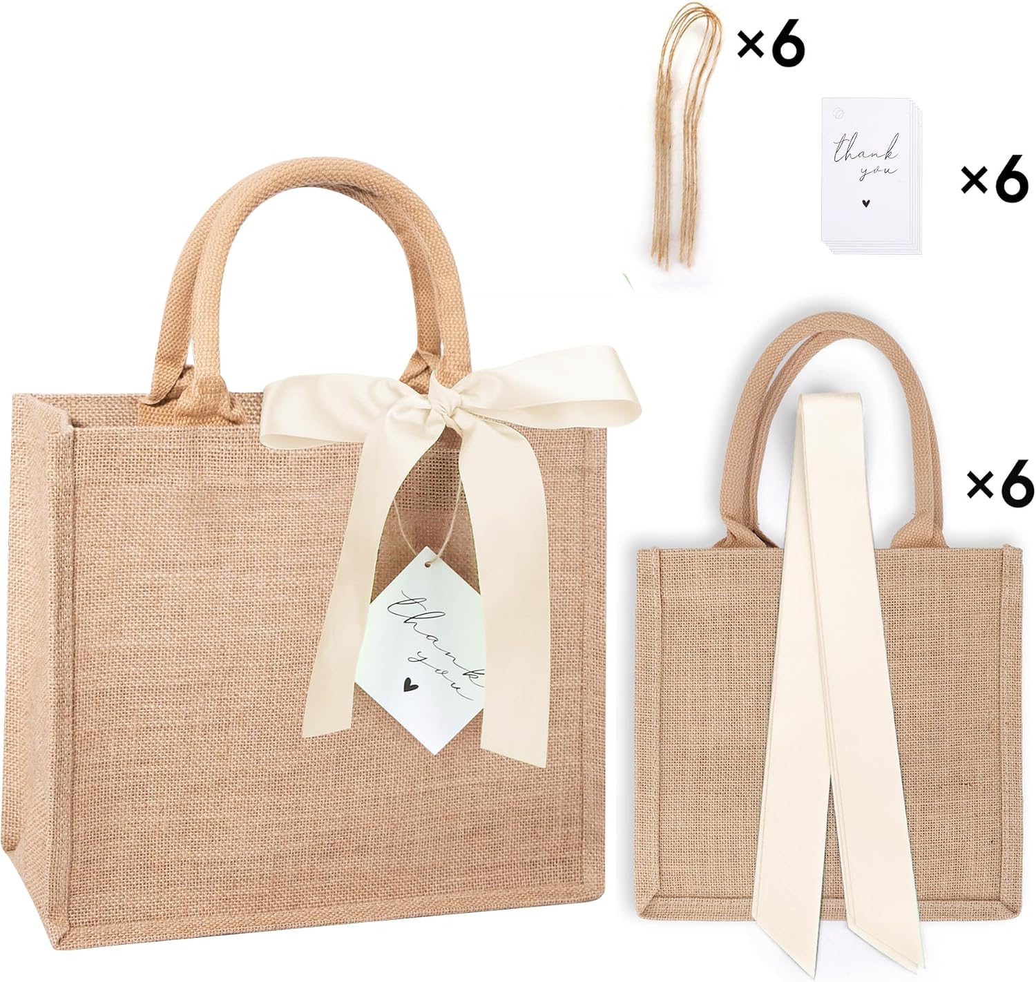 6 Pack Burlap Tote Bags with Handles Reusable Medium Jute Gift Bags with Light Beige Silk Ribbons Waterproof Lining for Wedding Bridesmaid Mother's Day Bachelorette Beach Party