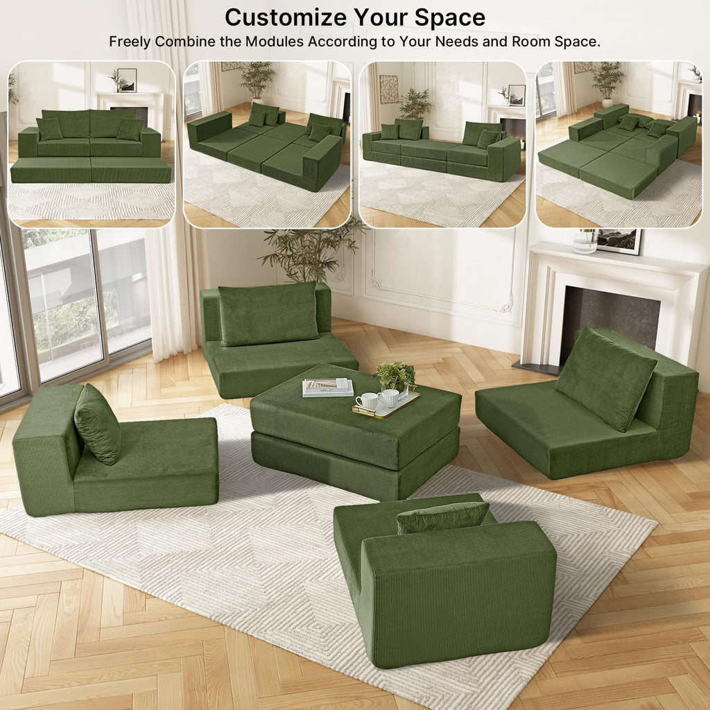 80" Sectional Couches for Living Room,Customizable Boneless Couch, Convertible Modular Sectional Sofa Bed, Plush Corduory Sleeper Sofa, Folding Futon L Shaped Couch No Assembly(Green)