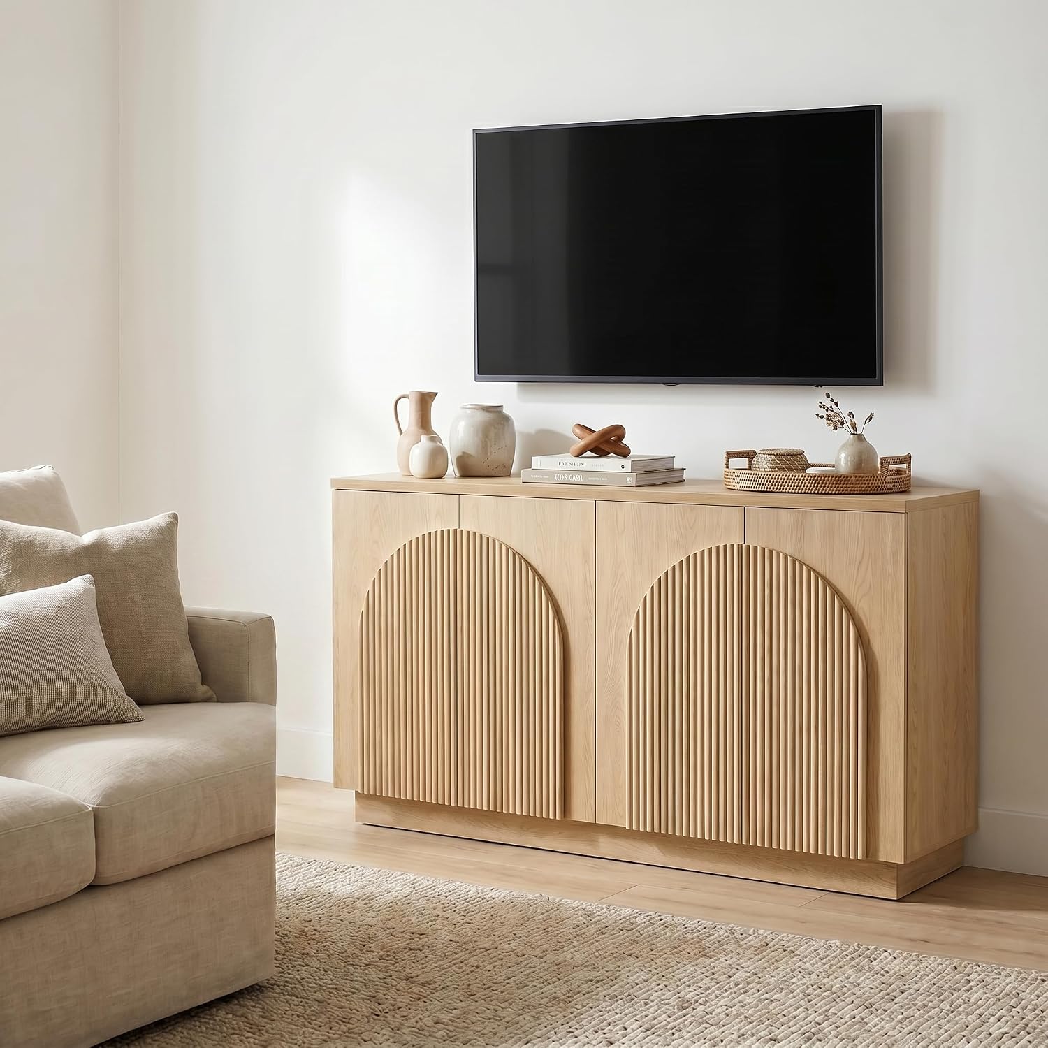 Yechen 55 Inch Fluted Sideboard Buffet Cabinet with Arched Reeded Doors, Modern Mid Century Credenza Accent Storage Cabinet with Adjustable Shelves for Living Room & Dining Room, Natural Oak Finish