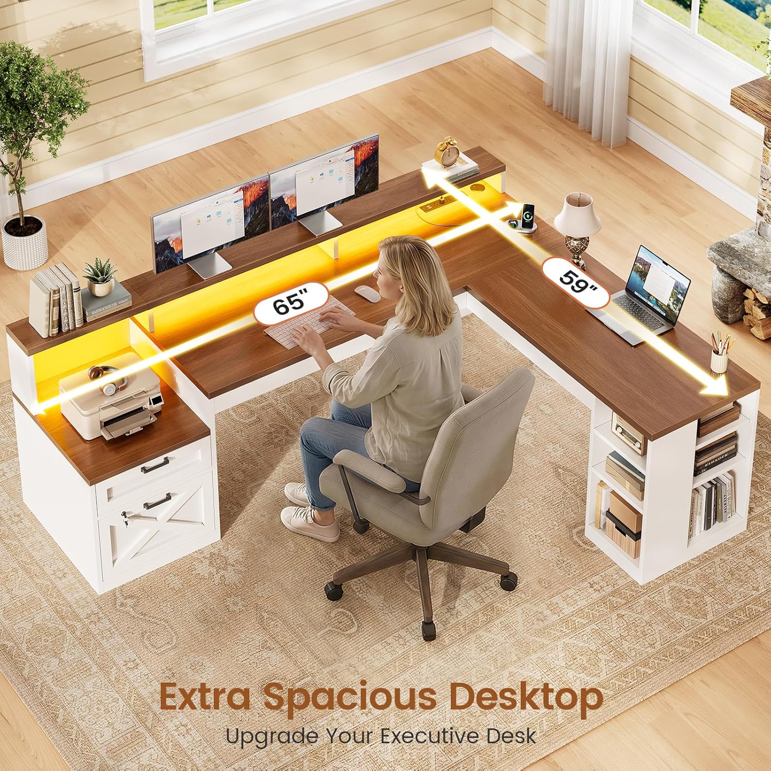 SEDETA L Shaped Desk with 2 Drawers, 65"x 59" Large Home Office Desk with Lockable File Drawer & Power Strip, Corner Desk with Storage & LED Strip, White + Brown