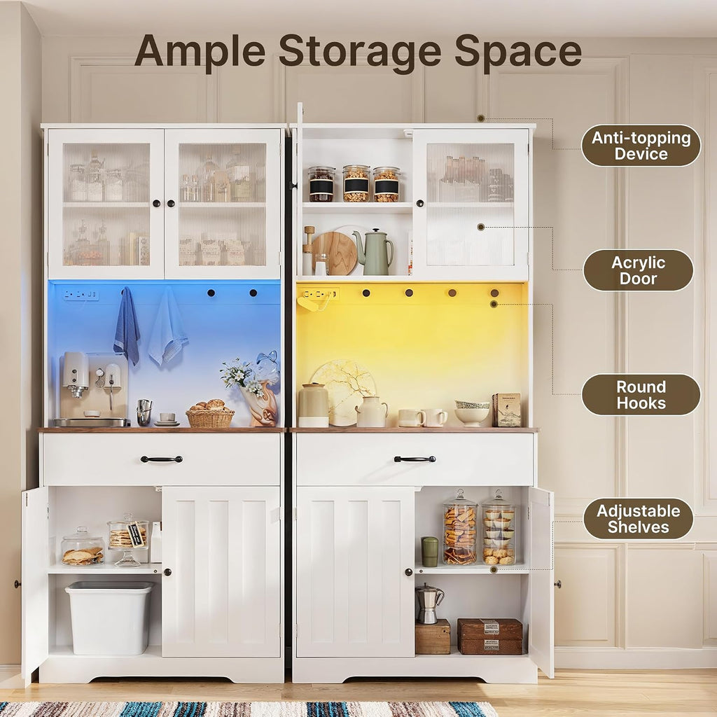 Gizoon 71" H Storage Cabinet with Strip Light, Kitchen Pantry Cabinet with Doors and Drawers, White Hutch with Charging Station and Adjustable Shelves, for Coffee Bar, Dining Room, Table Top-Retro