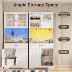 Gizoon 71" H Storage Cabinet with Strip Light, Kitchen Pantry Cabinet with Doors and Drawers, White Hutch with Charging Station and Adjustable Shelves, for Coffee Bar, Dining Room, Table Top-Retro
