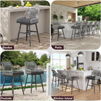 MEISSALIVVE Bar Stools Set of 6, Rattan Counter Height Bar Stools, 26" H Swivel Patio Bar Stools with Boho Woven Rope Back for Kitchen Patio Garden Cushions Included, Grey