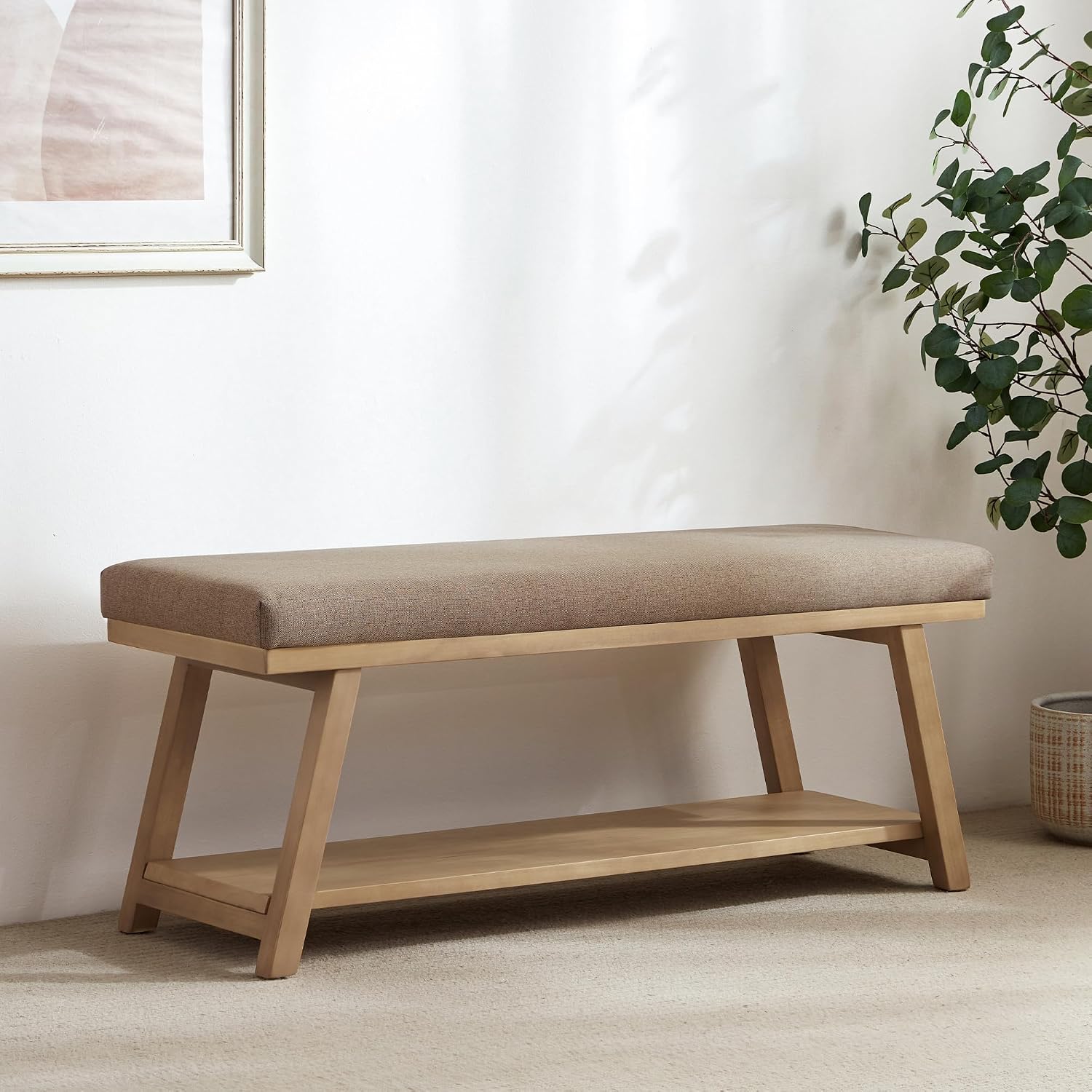 Zihanhome 45" Entryway Bench Upholstered Storage Bench for Bedroom Shoe Rack Bench for Living Room, Hallway, Mudroom, Balcony, Sturdy Indoor Bench Seat Holds Up to 300 lbs (Brown)