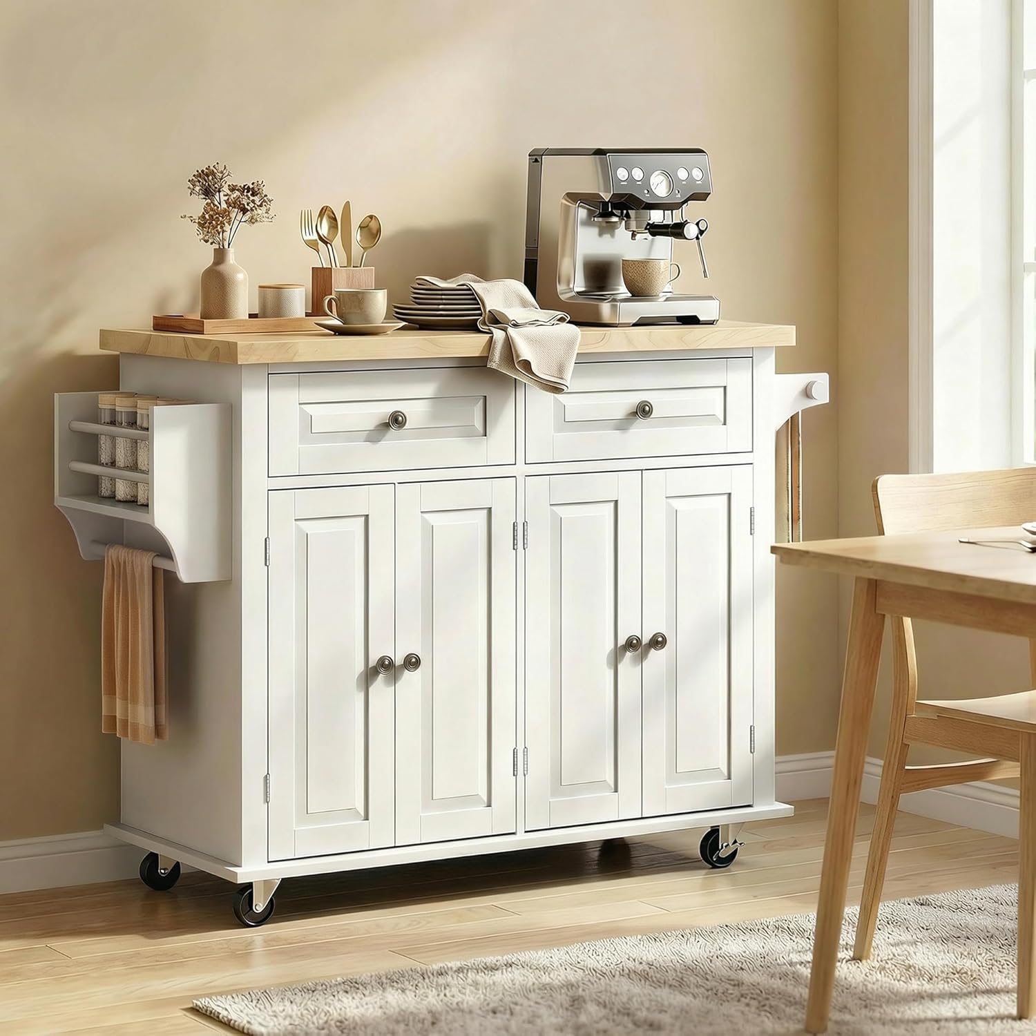 HOMCOM Kitchen Island Cart with Solid Wood Top, 44" Mobile Kitchen Island Table on Wheels with Storage Cabinets, 2 Drawers, Adjustable Shelves, Spice Rack & Towel Bar for Dining Room, White