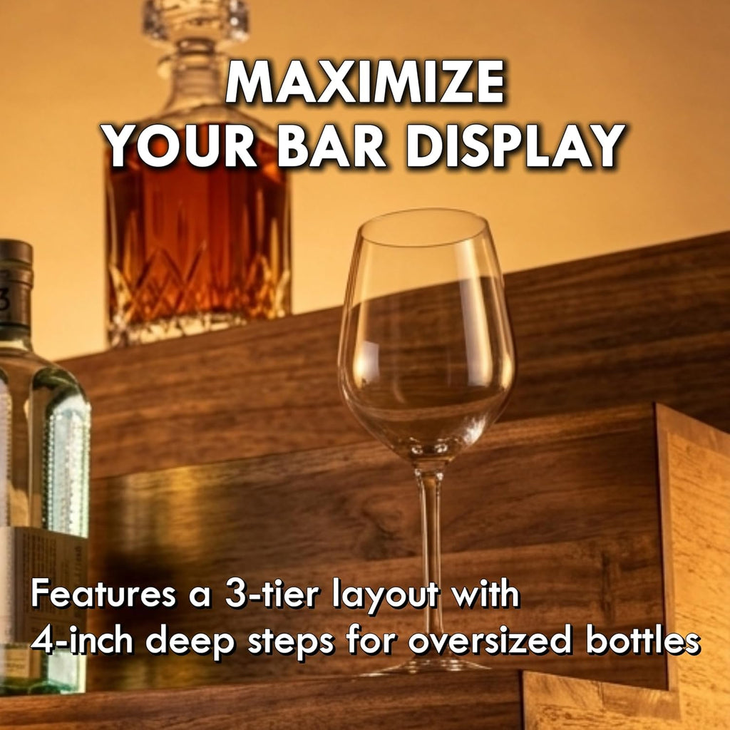 Premium Real Acacia Wood 3-Tier Liquor Bottle Display Shelf | No Assembly, Water Resistant, Extra Deep Steps, Bar Stand for Whiskey, Wine