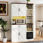 71" Kitchen Pantry Cabinet with Charging Station & LED Light,Freestanding Buffet Storage Cabinets with Adjustable Shelves,Farmhouse Kitchen Hutch with Microwave Stand for Dining Room (White+Brown)