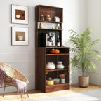 70.87" Freestanding Kitchen Sideboard, Sideboard Storage Cabinet with 2 Sliding Striped Glass Doors for Bottles, Wine, Coffee Maker, Microwave and More, Walnut