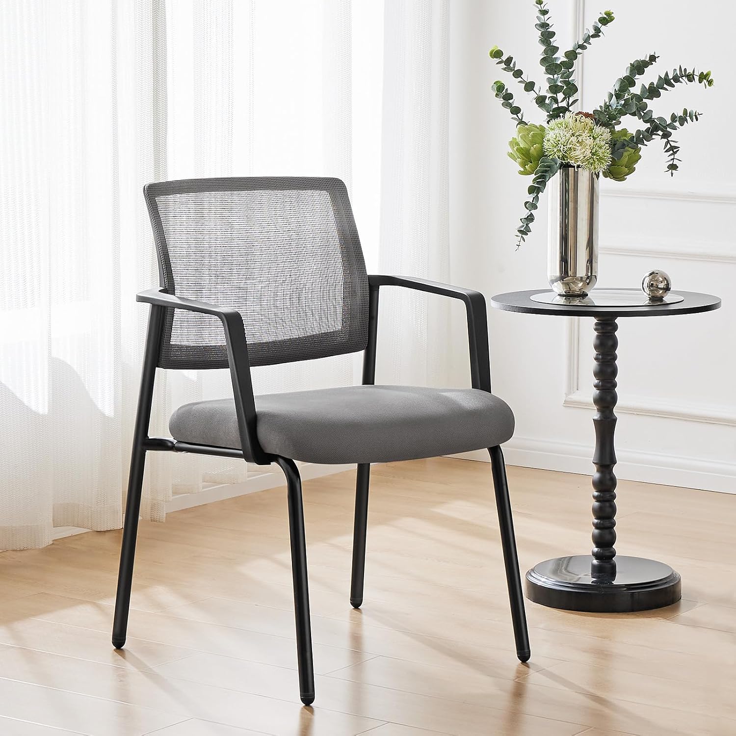 DUMOS Stackable Arm Reception Chairs with Mesh Back and Upholstered Fabric Cushion, Sturdy Metal Frame, Easy to Store and Use, Perfect for Indoor and Outdoor Spaces, 1 Chair, Grey