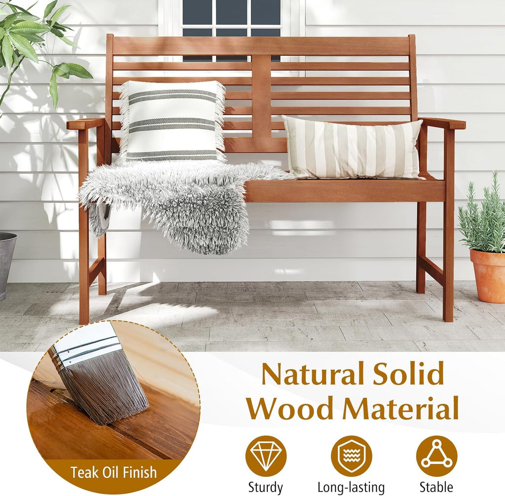 Tangkula Wood Outdoor Bench, 2-Person Patio Bench with Ergonomic Backrest & Armrests, Slatted Seat, Teak Oil Finish, for Front Porch, Backyard, Park, Loads up to 660 LBS