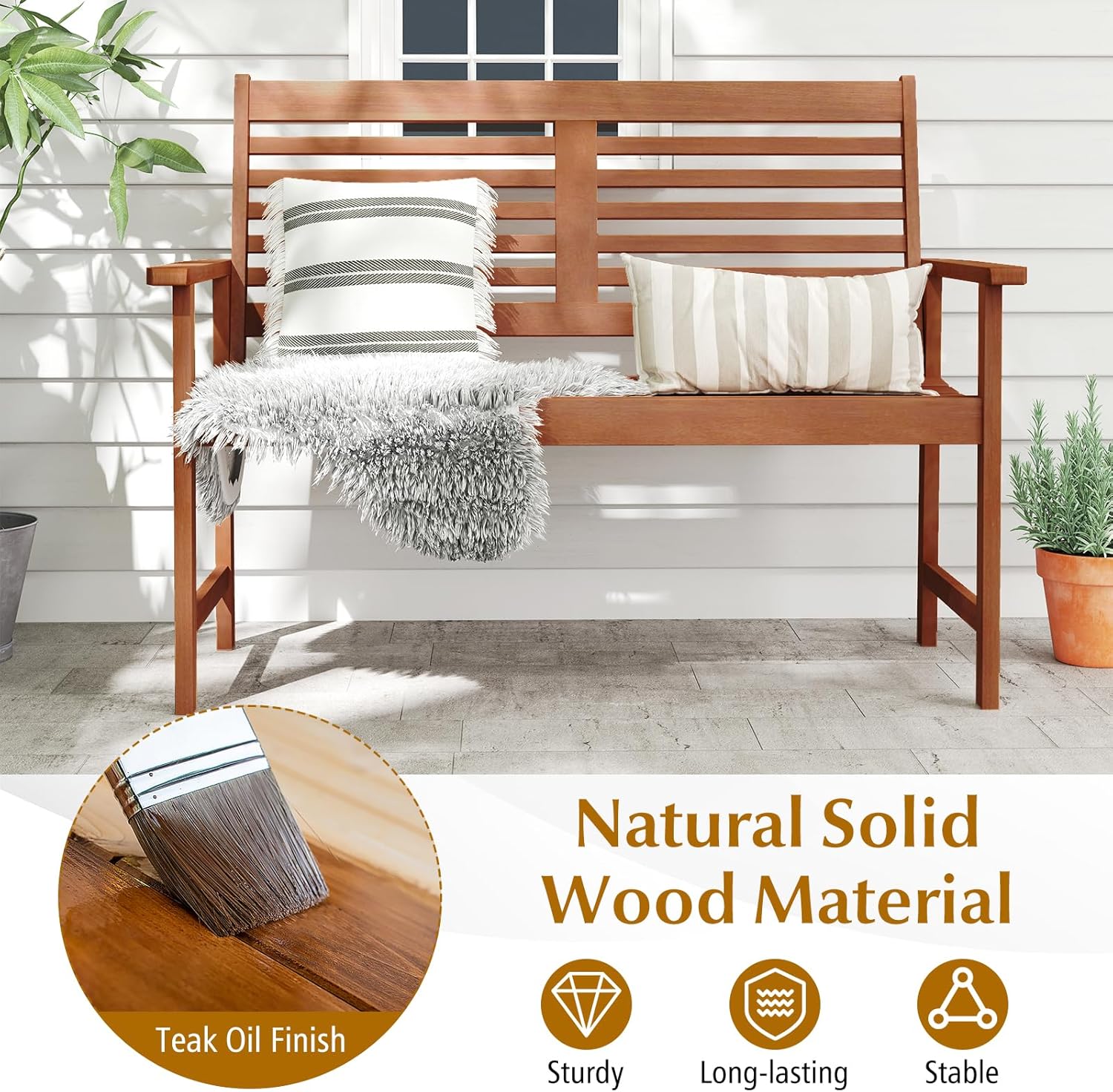Tangkula Wood Outdoor Bench, 2-Person Patio Bench with Ergonomic Backrest & Armrests, Slatted Seat, Teak Oil Finish, for Front Porch, Backyard, Park, Loads up to 660 LBS