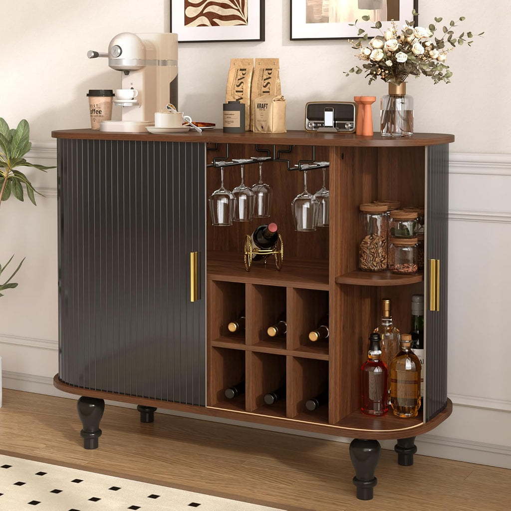 LUMISOL 39" Mid-Century Modern Fluted Wine Bar Cabinet, Wine and Coffee Bar Cabinet with 6-Bottle Wine Rack and 3 Glass Holders, Large Storage Drawer and Side Hidden Storage, Black