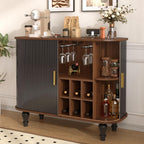 LUMISOL 39" Mid-Century Modern Fluted Wine Bar Cabinet, Wine and Coffee Bar Cabinet with 6-Bottle Wine Rack and 3 Glass Holders, Large Storage Drawer and Side Hidden Storage, Black