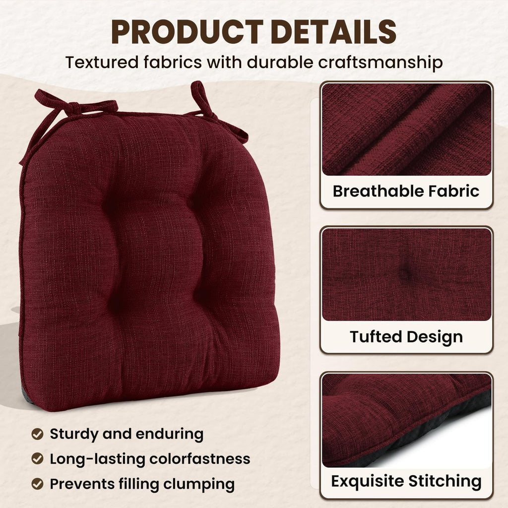downluxe Indoor Chair Cushions for Dining Chairs, Tufted Overstuffed Textured Kitchen Chair Pads with Ties and Non-Slip Backing, 15.5" x 15.5" x 4", Burgundy, 6 Pack