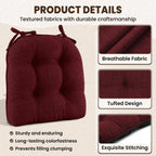 downluxe Indoor Chair Cushions for Dining Chairs, Tufted Overstuffed Textured Kitchen Chair Pads with Ties and Non-Slip Backing, 15.5" x 15.5" x 4", Burgundy, 6 Pack