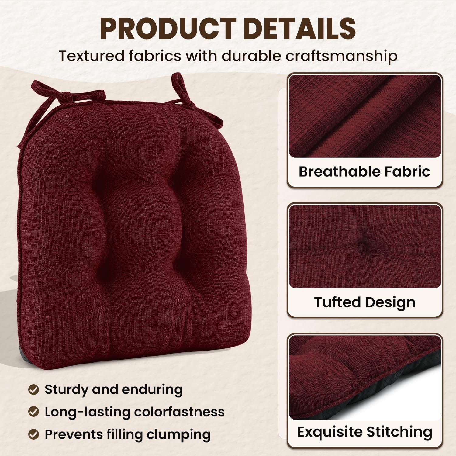 downluxe Indoor Chair Cushions for Dining Chairs, Tufted Overstuffed Textured Kitchen Chair Pads with Ties and Non-Slip Backing, 15.5" x 15.5" x 4", Burgundy, 6 Pack