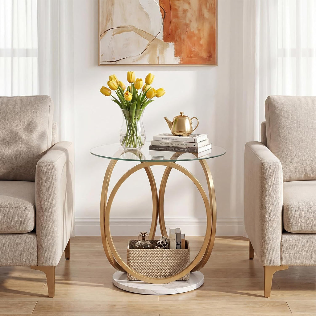 Giantex Round End Table Set of 2, Faux Marble Sofa Couch Side Table w/Tempered Glass Tabletop & Ring Gold Metal Frame, Small Coffee Tables for Decoration, Bedside Night Stand for Bedroom Living Room