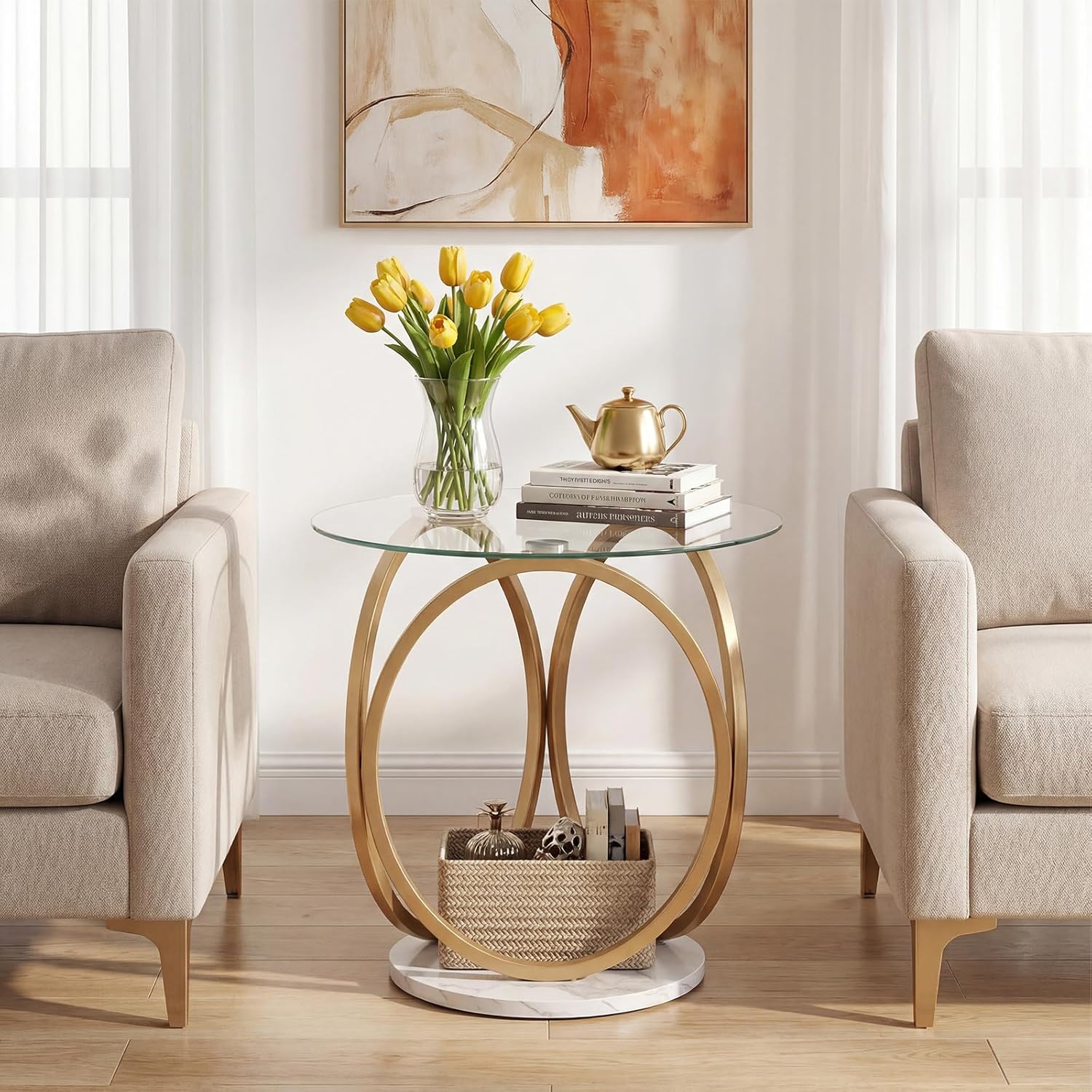 Giantex Round End Table Set of 2, Faux Marble Sofa Couch Side Table w/Tempered Glass Tabletop & Ring Gold Metal Frame, Small Coffee Tables for Decoration, Bedside Night Stand for Bedroom Living Room