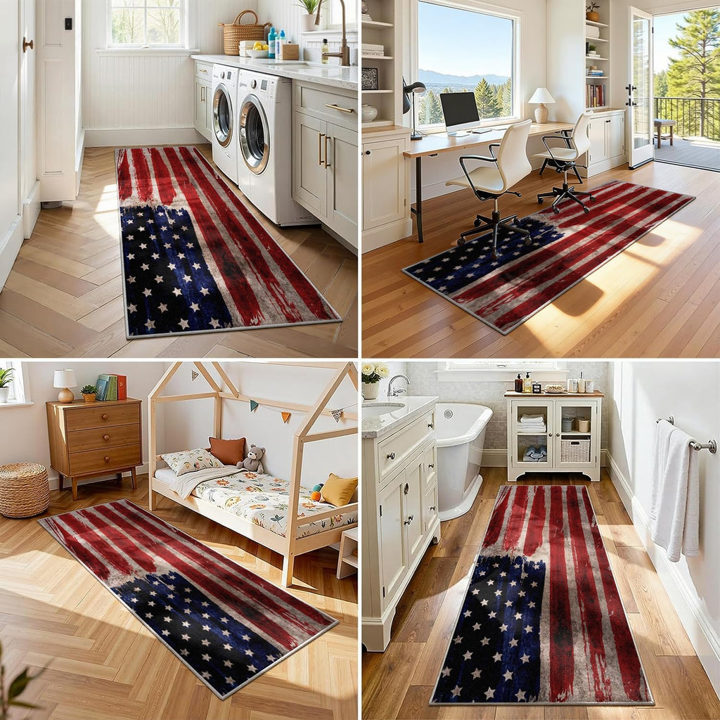 Vintage American Flag Runner Rug, 2x5ft, Soft Machine Washable Non-Slip Long Rug Runners for Hallways, Blue Red White Star Stripe Flag Independence Day Carpet for Indoor Entrance Dining Kitchen