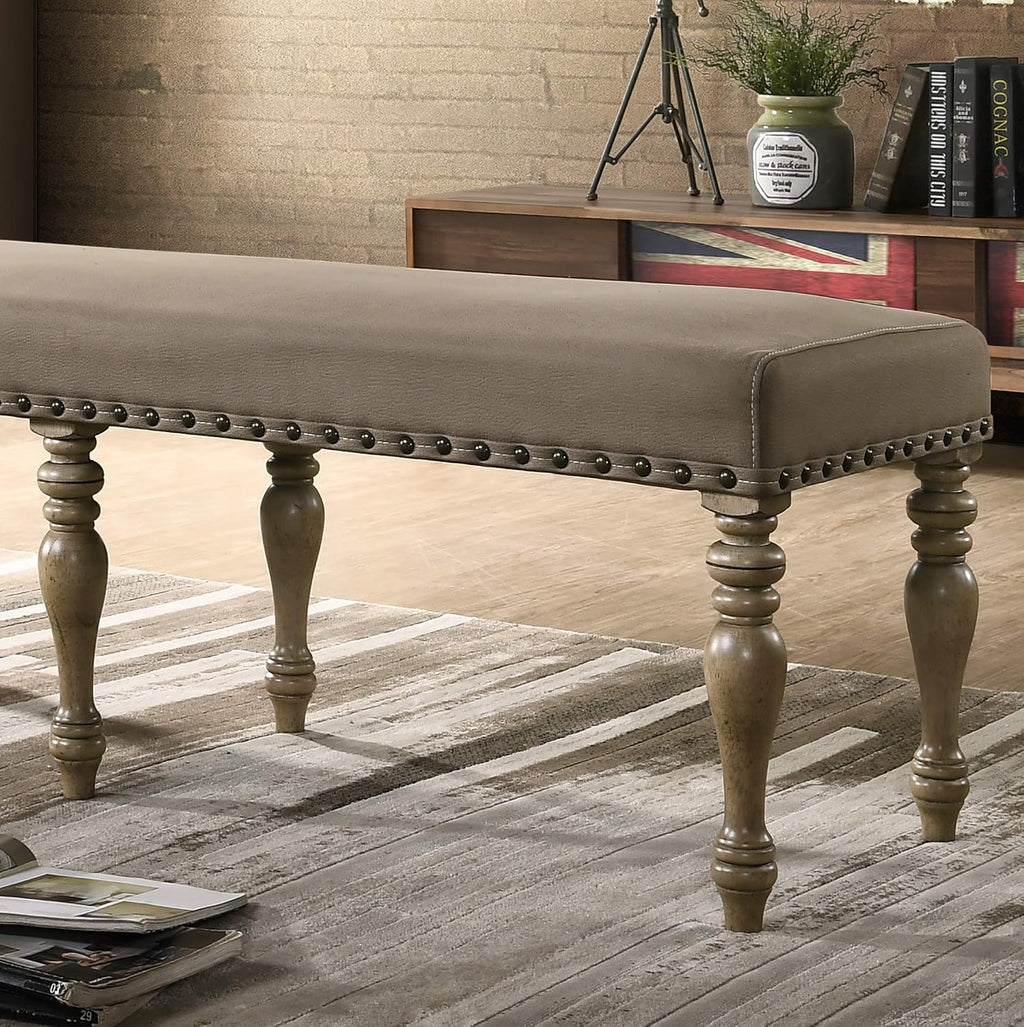 Roundhill Furniture Birmingham Microfiber Upholstered Bench with Nail Head Trim in Driftwood Finish