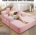 60.2" Oversized Chaise Lounge Chair, Boneless Corduroy Cloud Couch, Deep Seat Convertible Sofa Bed with 3 Pillows, Wide Armrests, Side Pocket, No Assembly (Baby Pink)