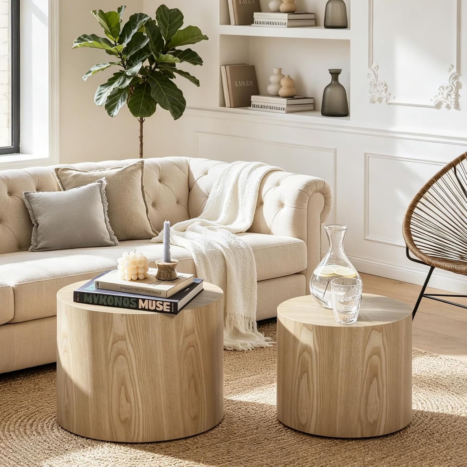 Small Wood Side Table Round Nesting End Table Coffee Tables Nesting Tables Set of 2 for Living Room Bedroom Office No Need Assembly Oak 18.8" W x 14.9" H