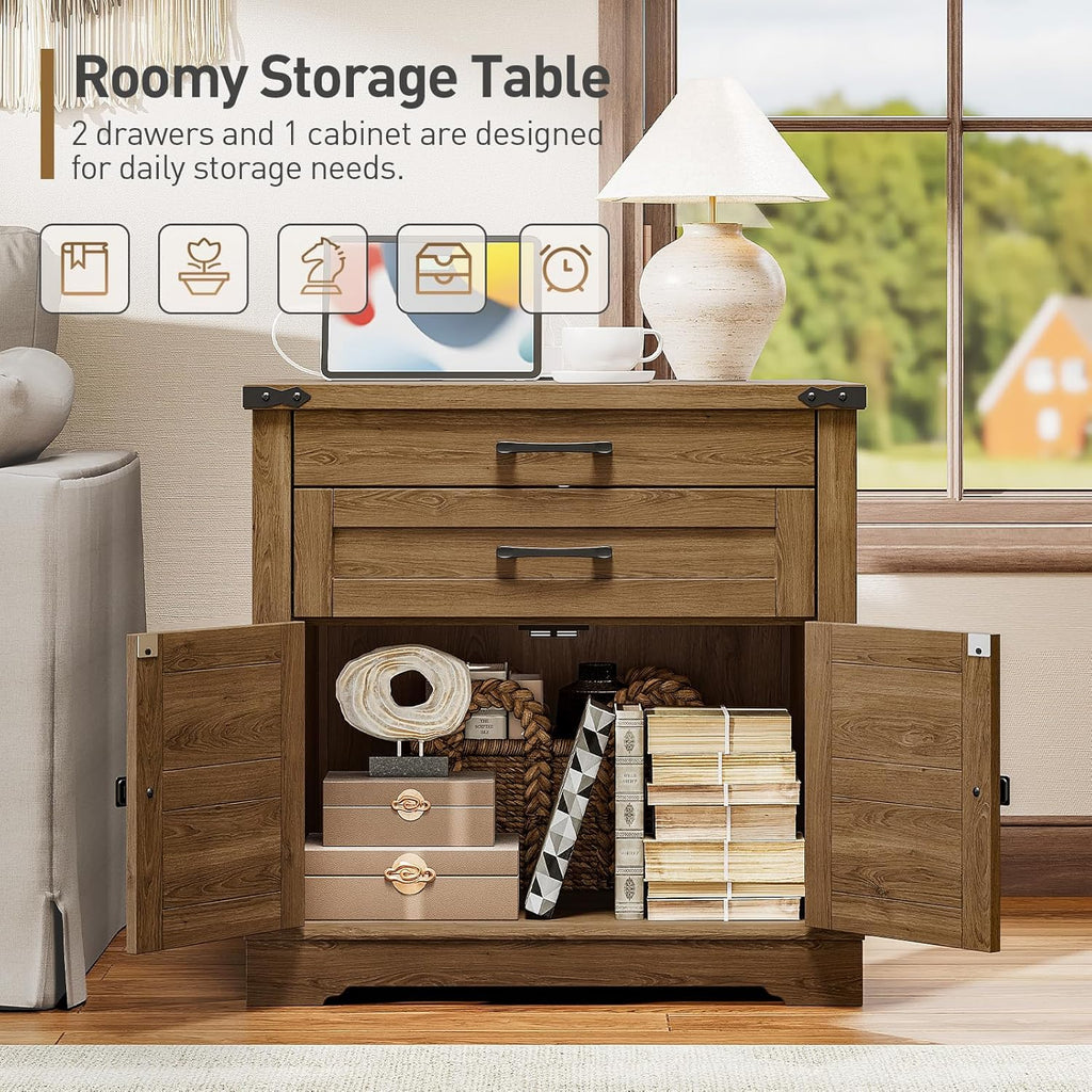 RALGEND Farmhouse End Table with Charging Station, 24'' Sofa Side Table with 2 Drawers and Barn Door, Large Rustic Wooden Square Nightstand for Bedroom, Living Room, Walnut