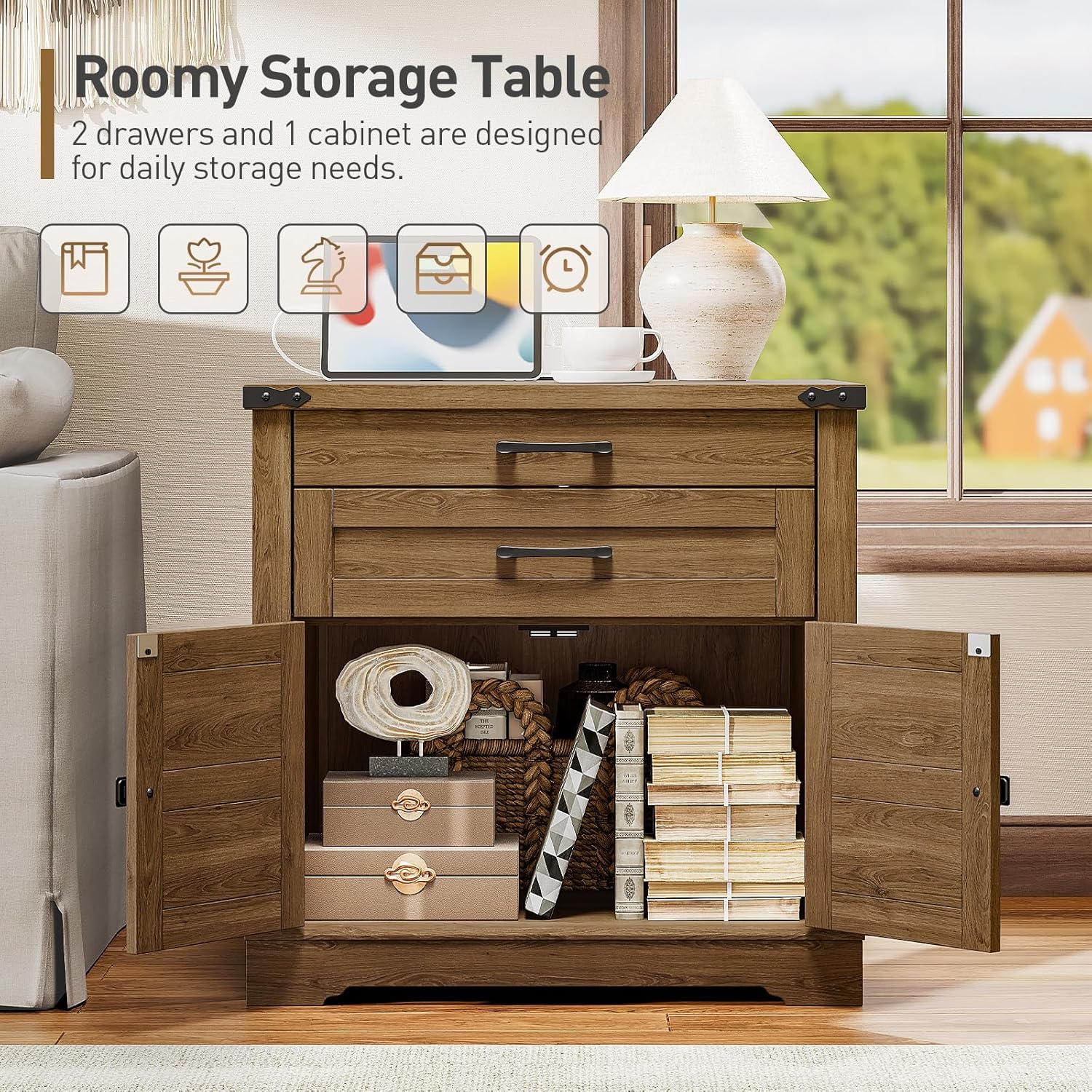 RALGEND Farmhouse End Table with Charging Station, 24'' Sofa Side Table with 2 Drawers and Barn Door, Large Rustic Wooden Square Nightstand for Bedroom, Living Room, Walnut